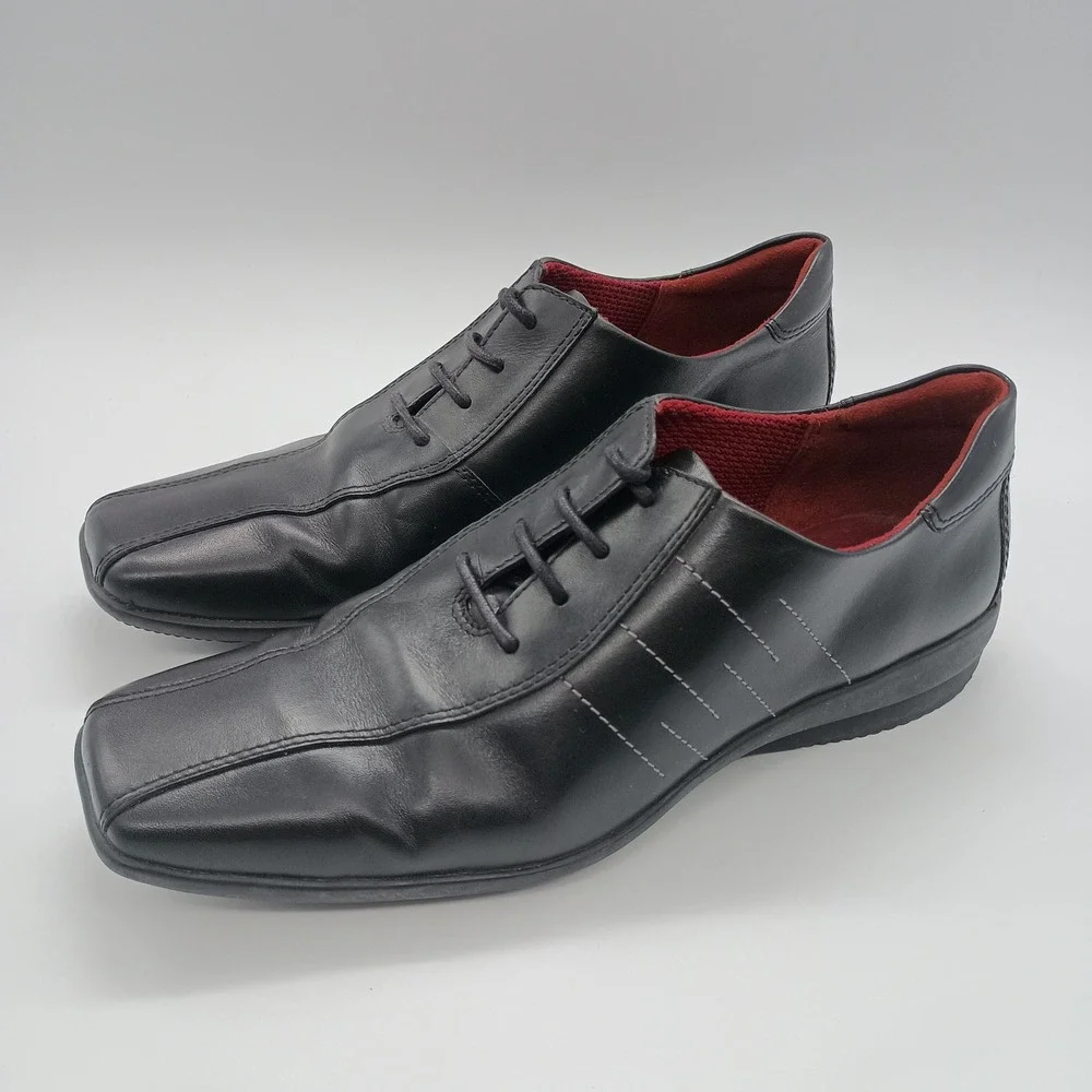 ECCO Black Leather Square Toe Lace‎ Up Oxford Shoes Red Lining Womens 37